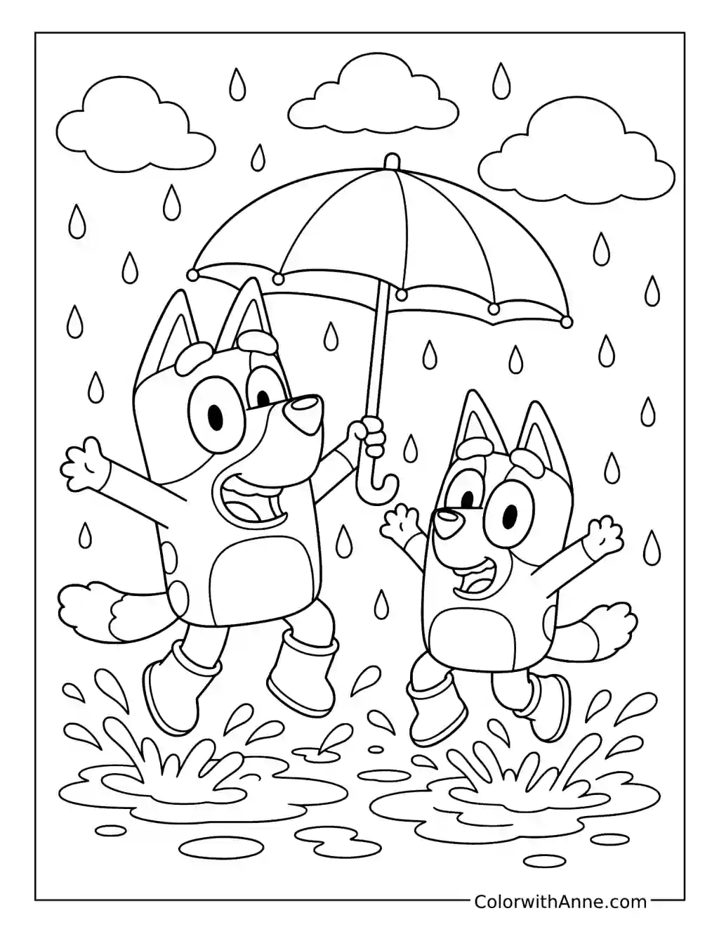Bingo and Bluey Splashing in the Rain coloring page