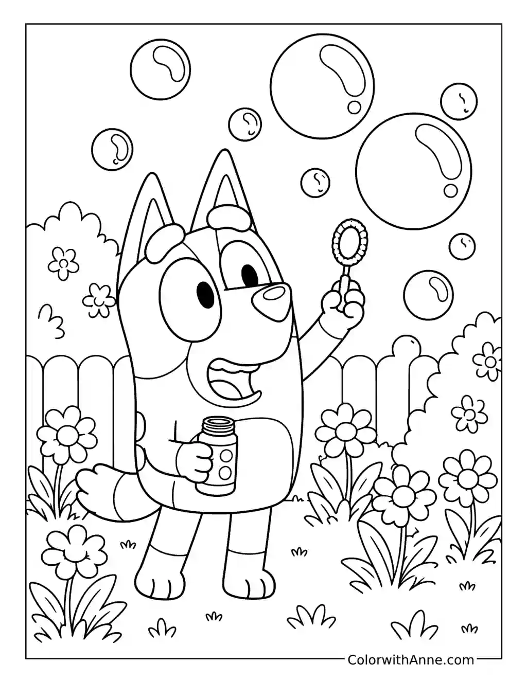 Bingo Blowing Bubbles in the Flower Garden coloring page
