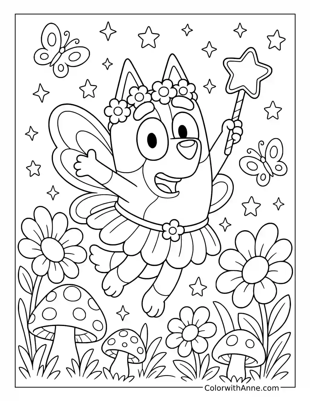 Bingo Fairy Flying Through an Enchanted Garden coloring page