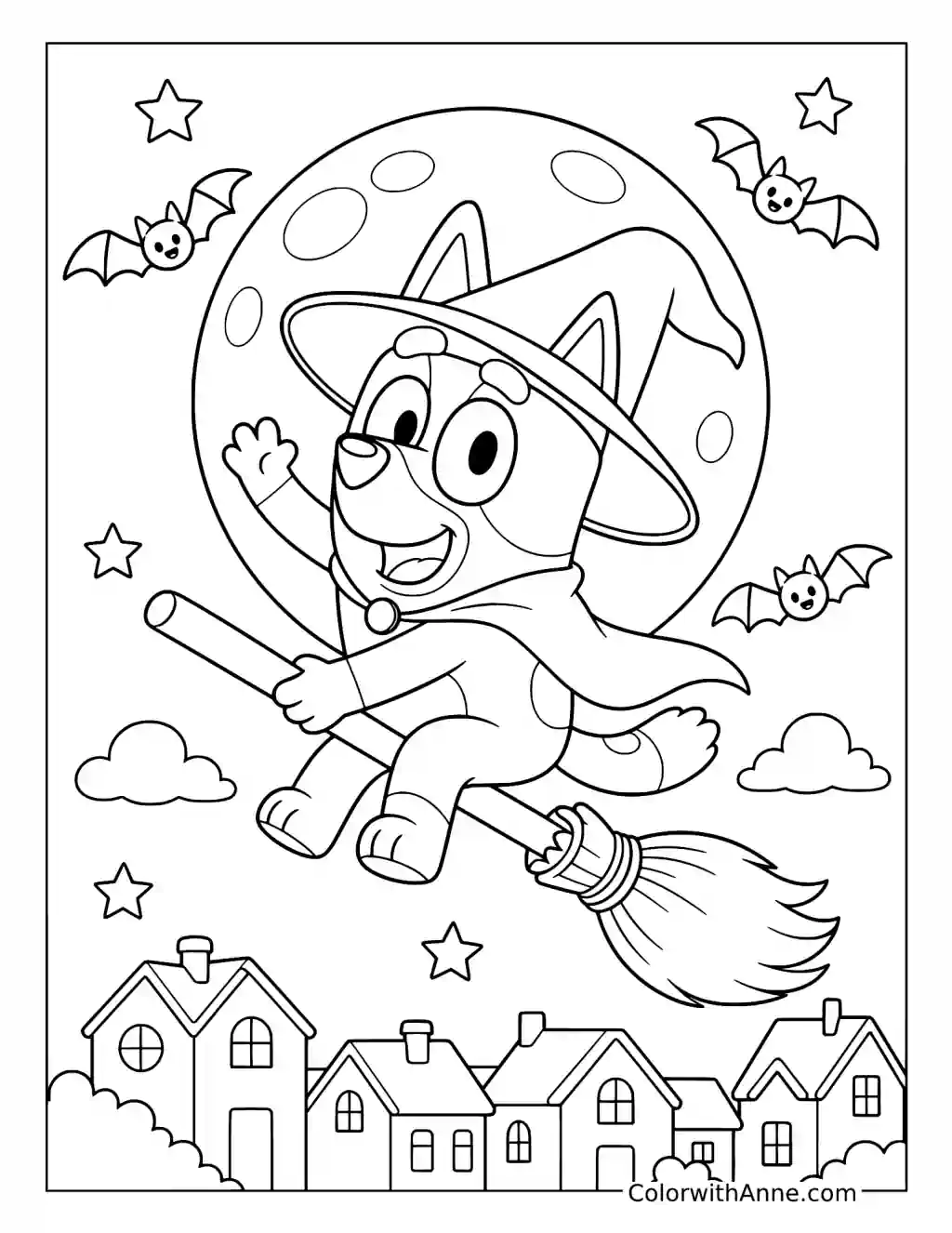Bingo Flying on a Witch's Broom coloring page
