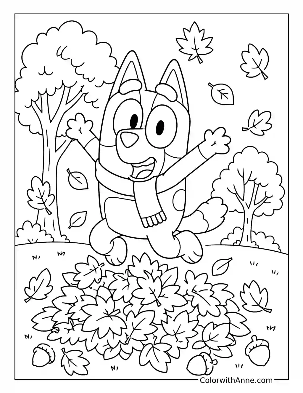 Bingo Jumping into a Pile of Autumn Leaves coloring page