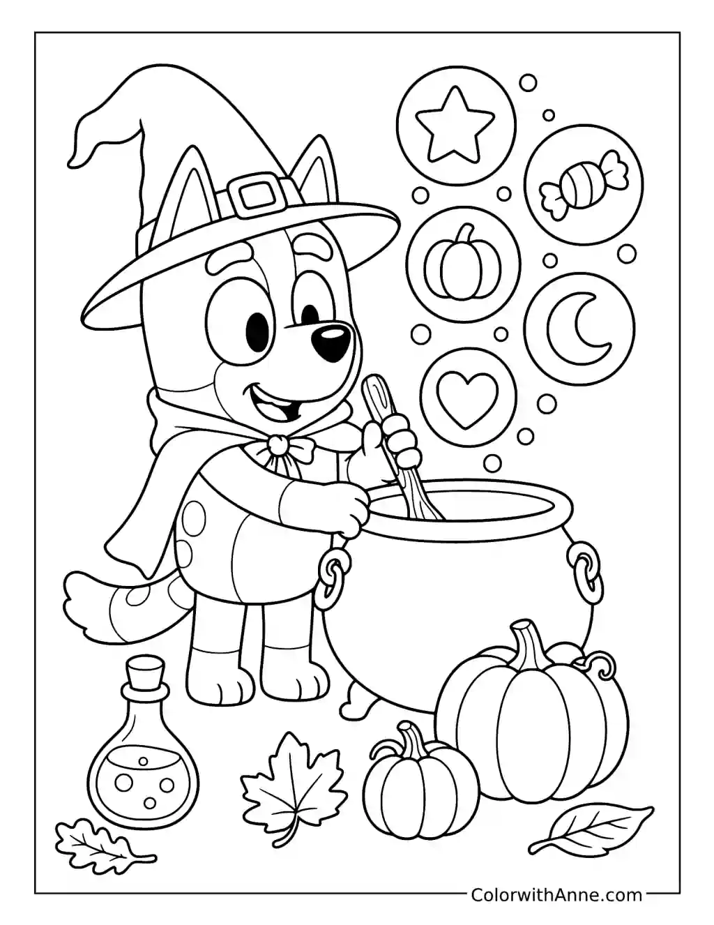 Bingo Stirring a Halloween Cauldron coloring page