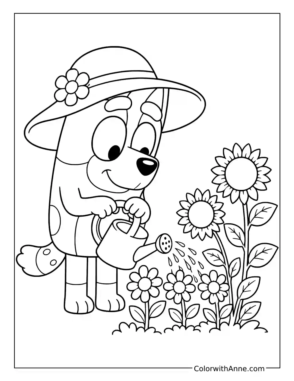 Bingo Watering Sunflowers in the Garden coloring page