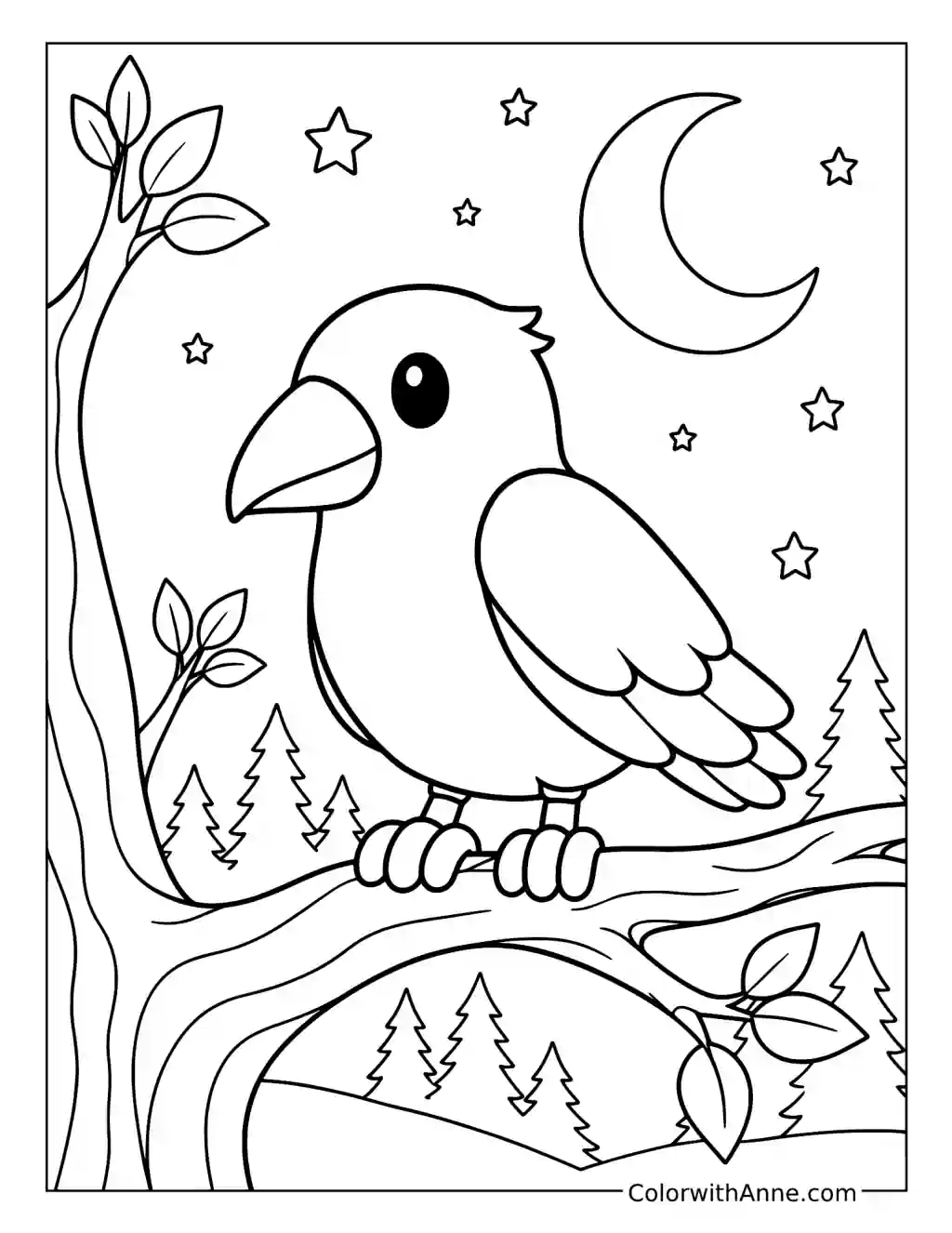 Bird Under a Moonlit Tree coloring page