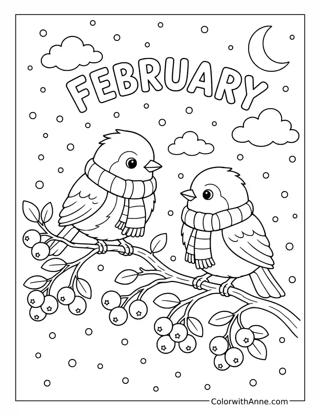 Birds Wearing Scarves on a Branch coloring page