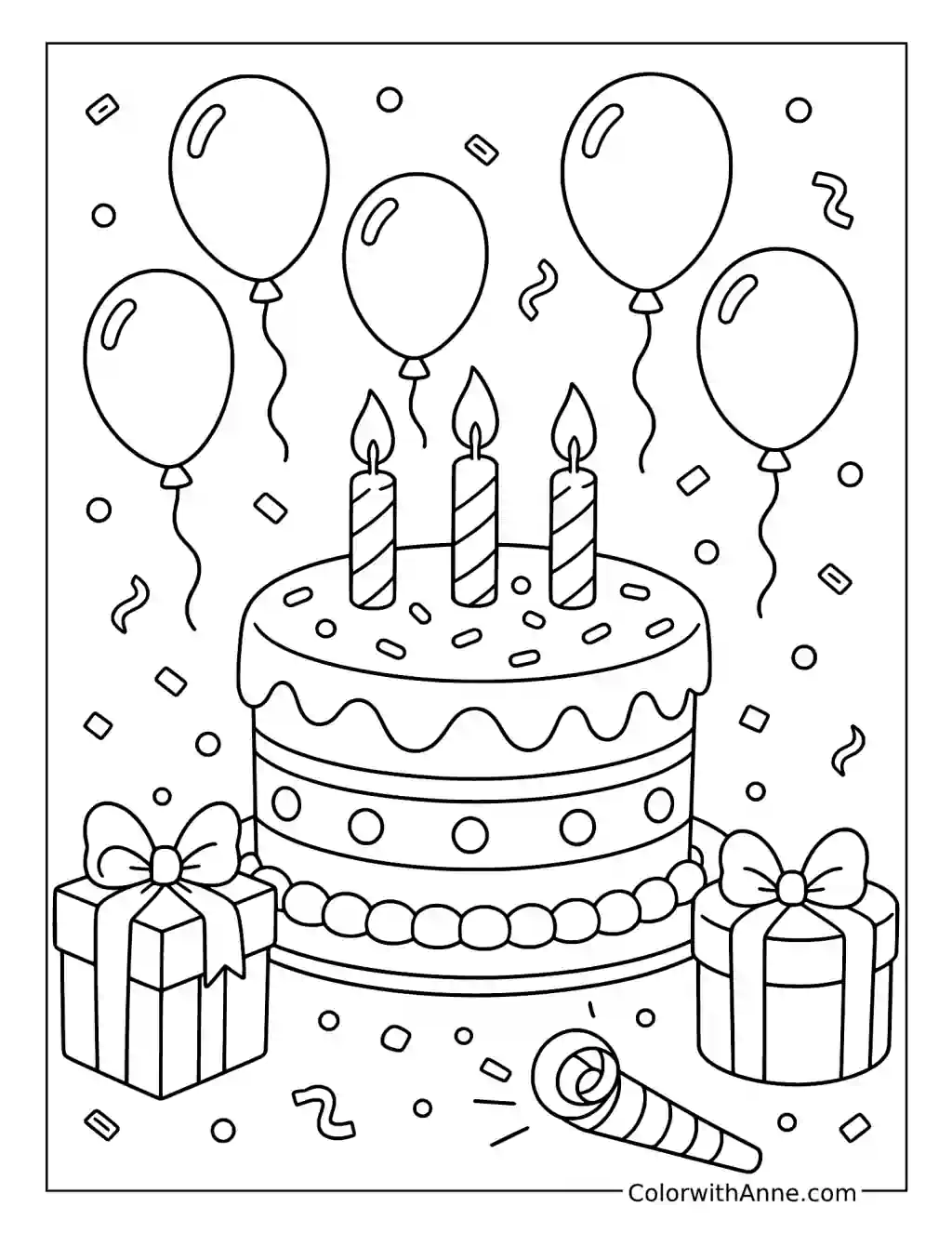 Birthday Cake and Balloons Party Scene coloring page
