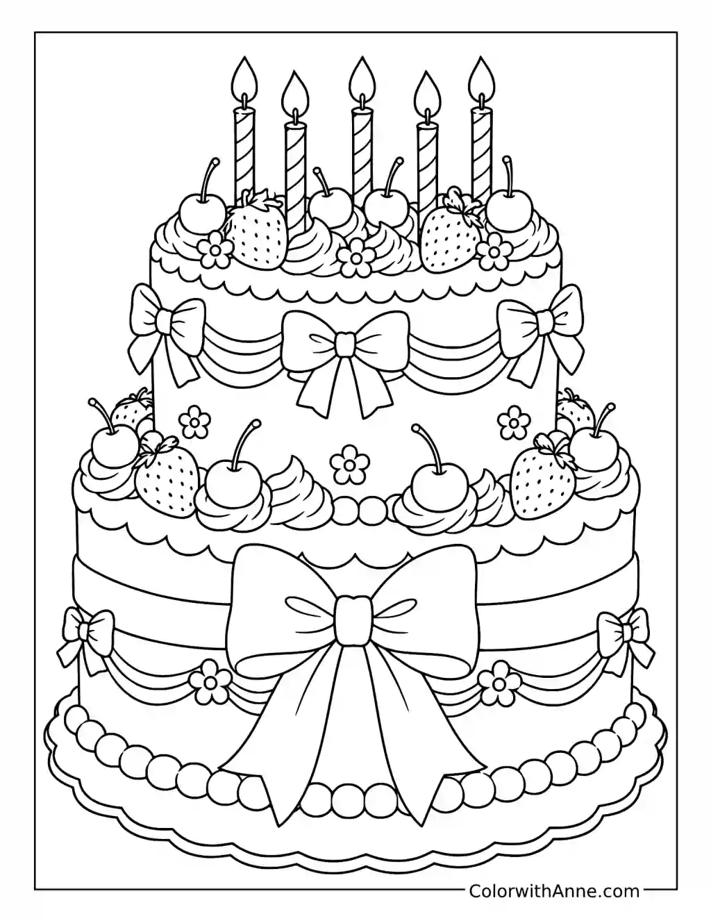Birthday Cake with Bows coloring page