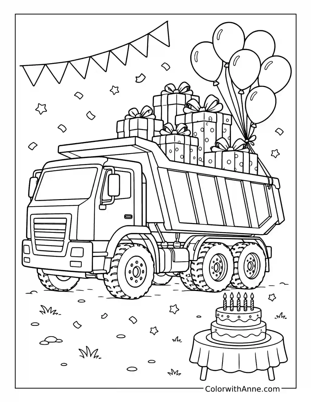 Birthday Dump Truck Carrying Gifts and Balloons coloring page