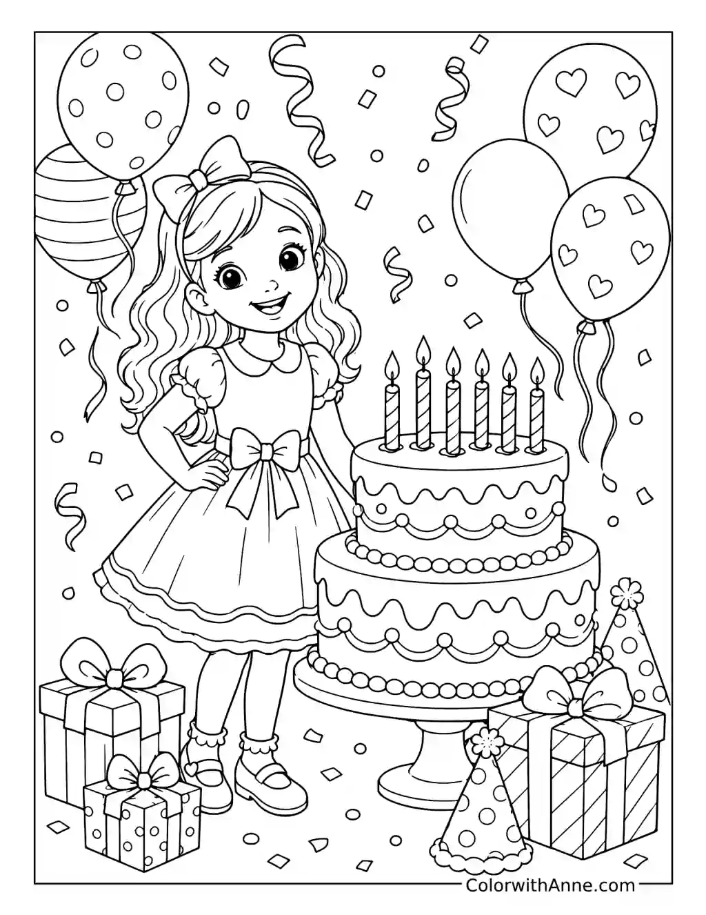 Birthday Girl with Cake and Balloons coloring page