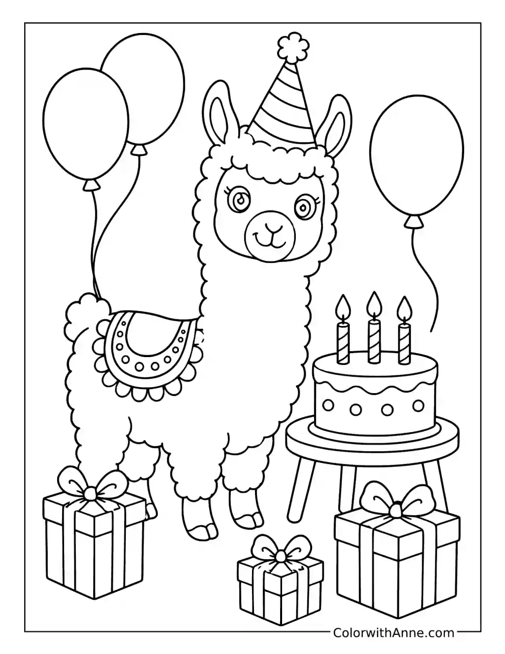 Birthday Llama coloring page