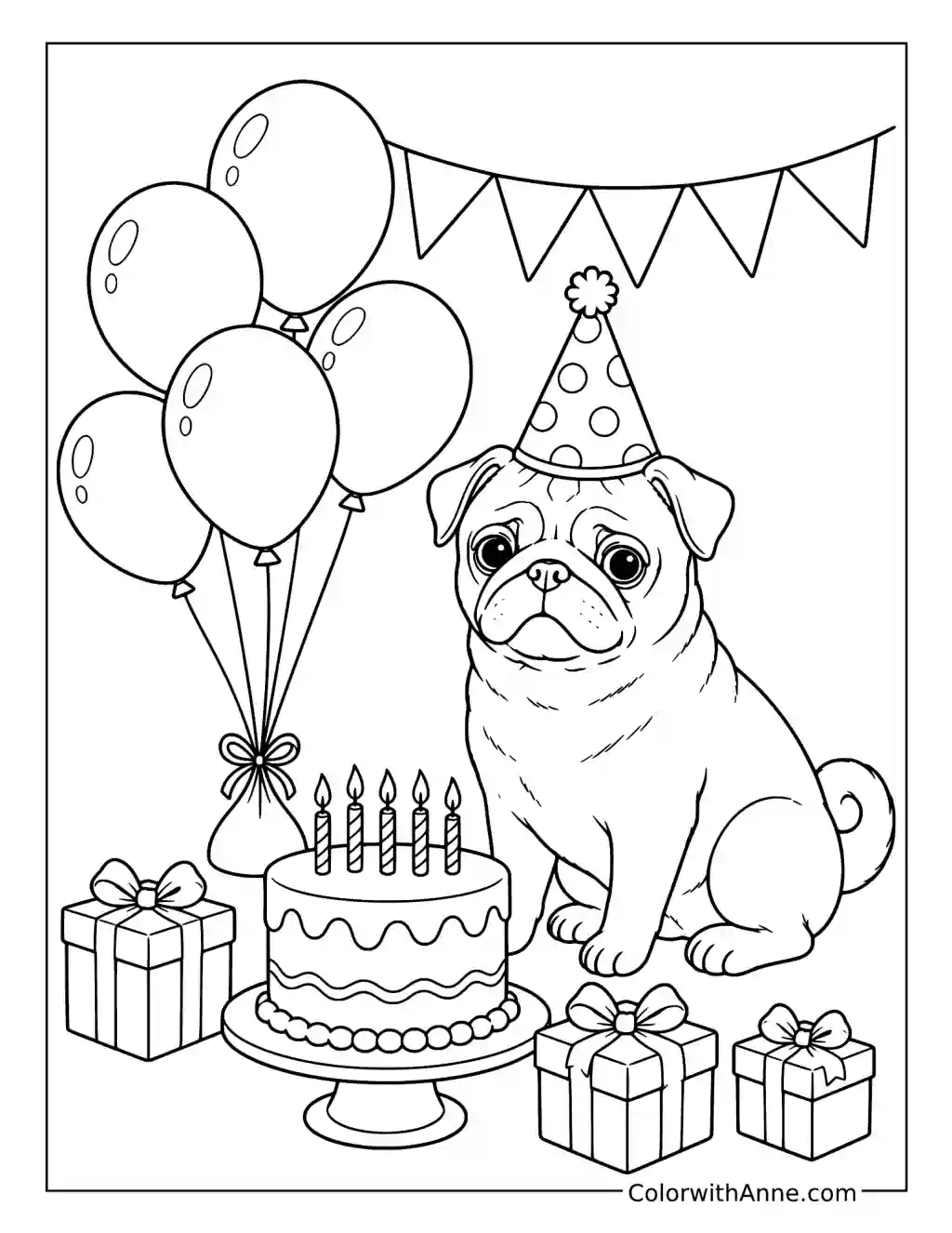 Birthday Pug with Balloons coloring page