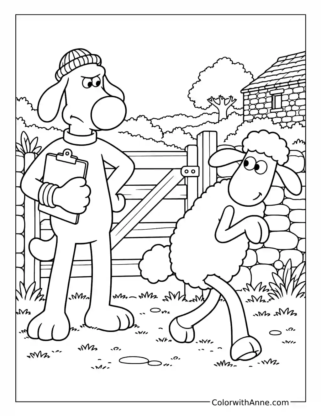Bitzer holds a clipboard beside Shaun near a wooden farm gate and stone barn.