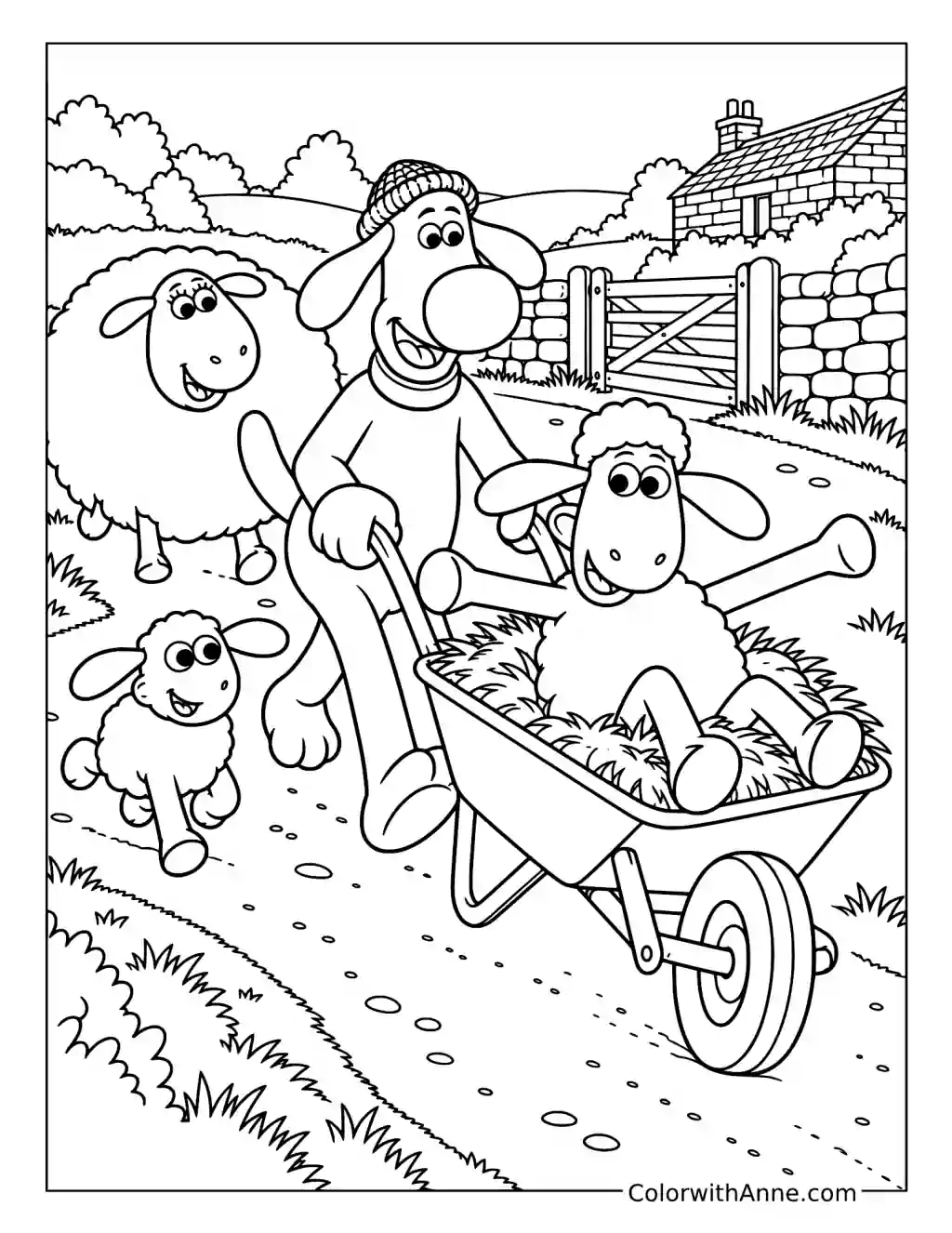 Bitzer pushes Timmy in a straw filled wheelbarrow while Shaun and smaller sheep walk nearby.