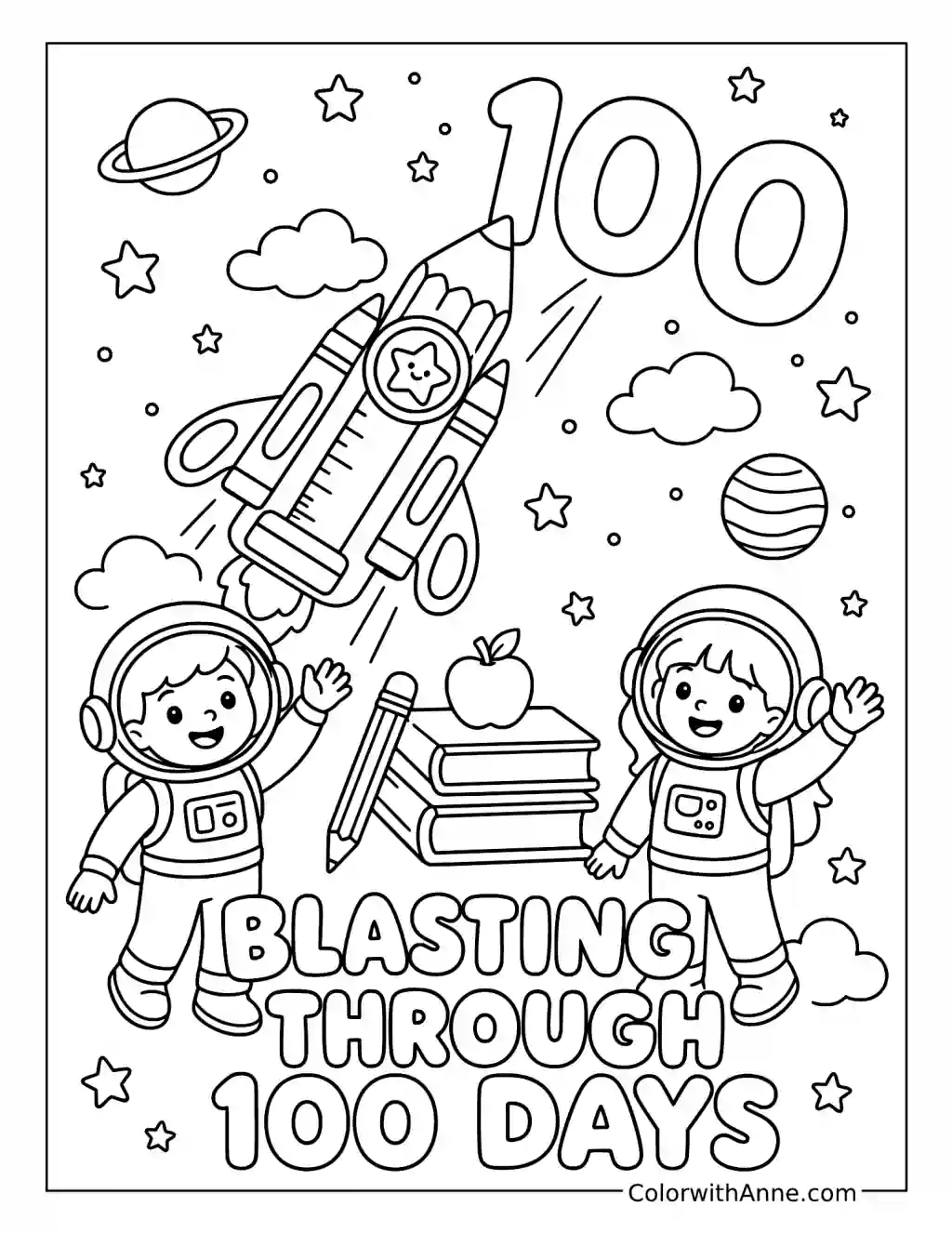 Blasting through 100 Days School Rocket coloring page