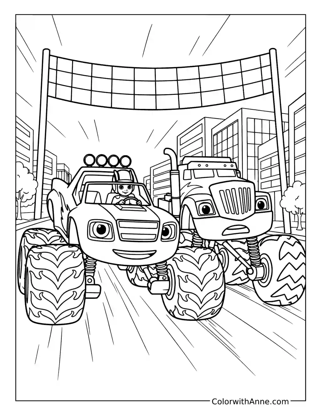 Blaze and Crusher at the Finish Line coloring page