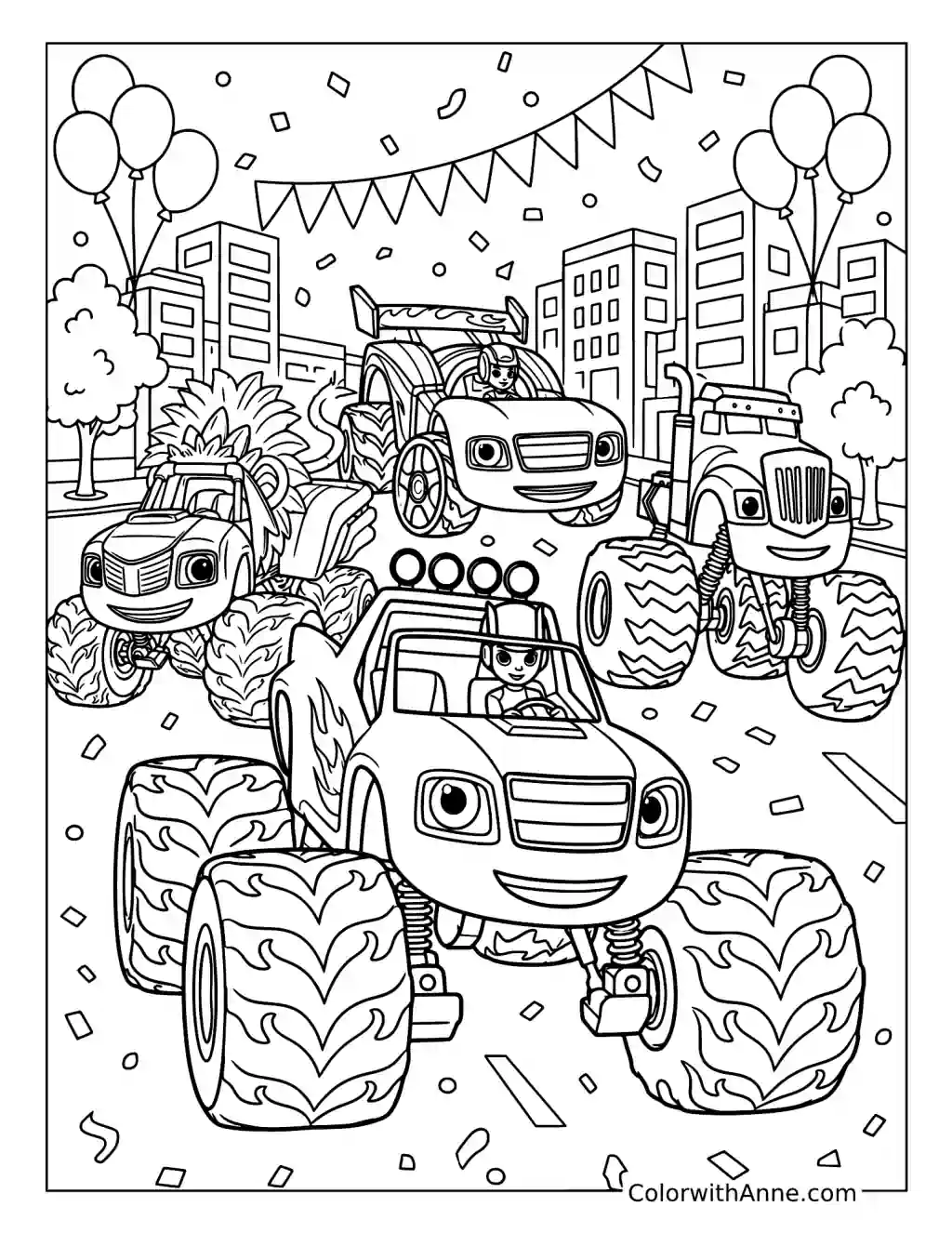 Blaze and Friends at the City Parade coloring page