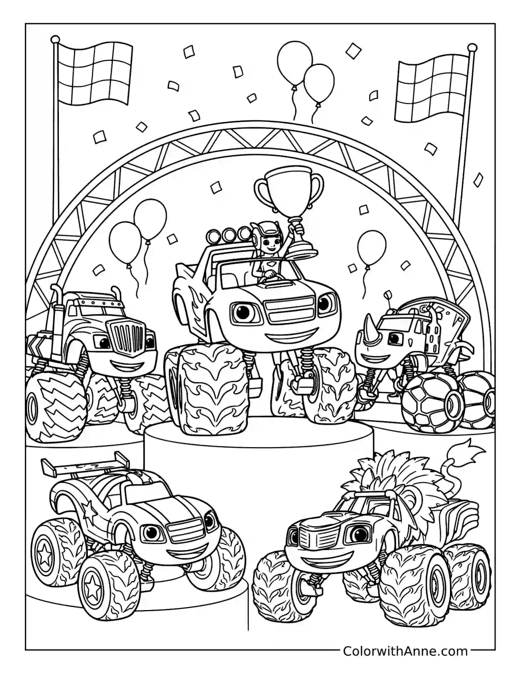 Blaze and Friends at the Winners Podium coloring page