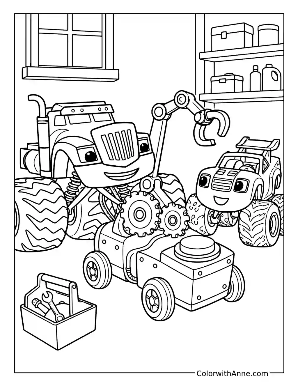Blaze and Friends in the Garage coloring page