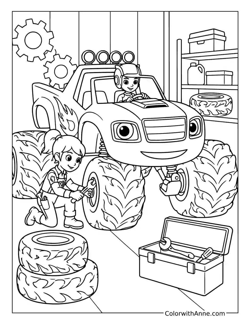 Blaze and Gabby Changing a Tire coloring page