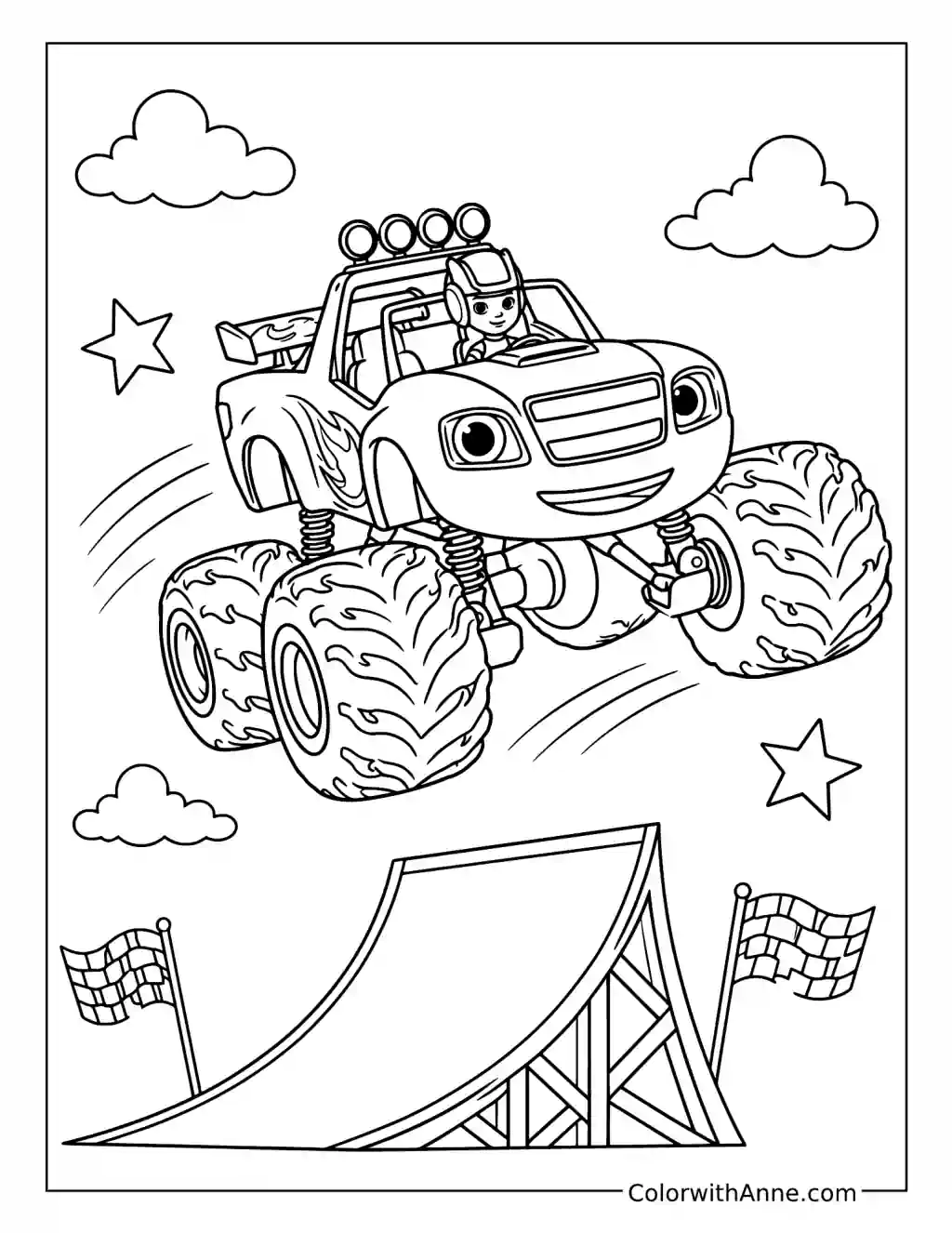Blaze Flying Over the Stunt Ramp coloring page