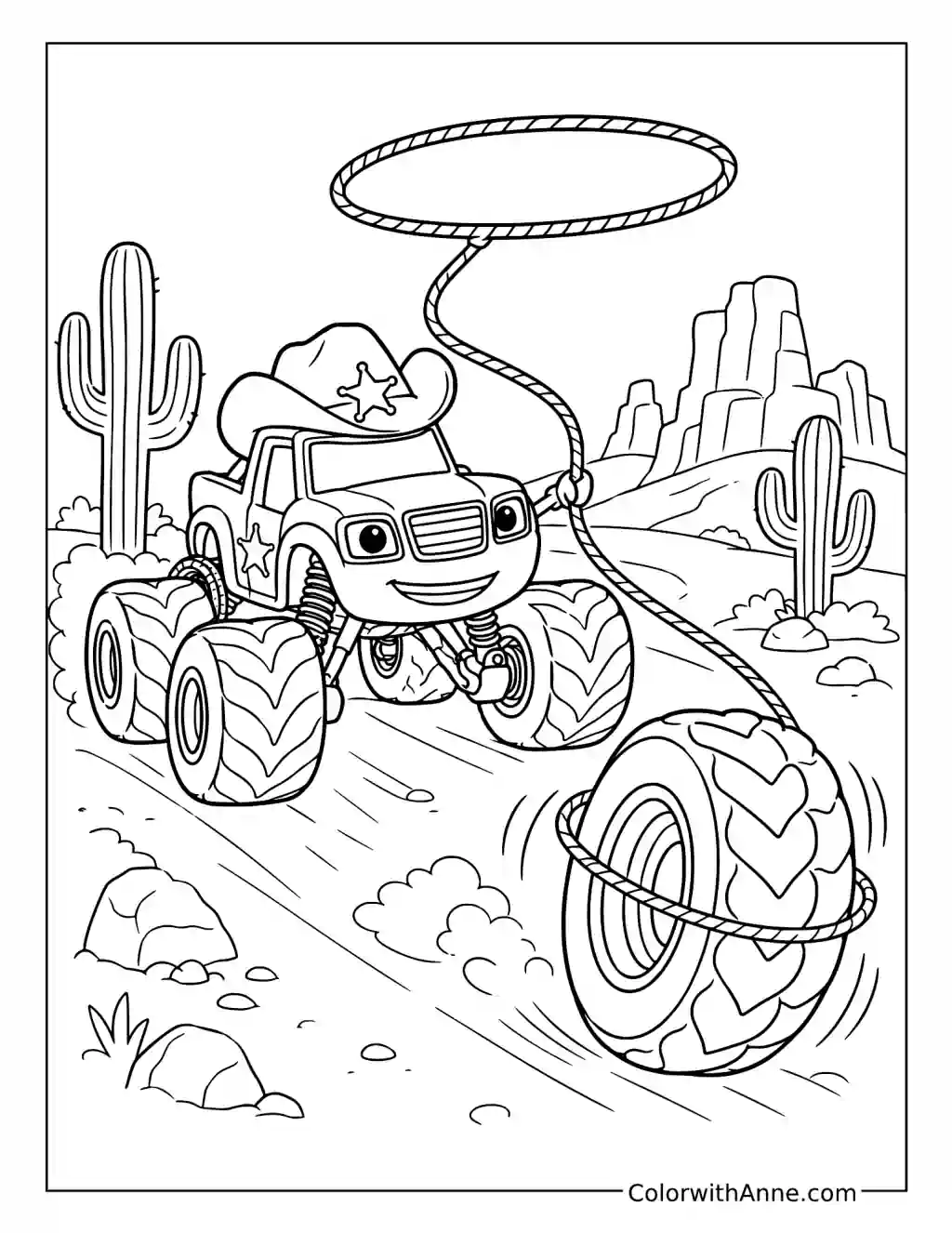 Blaze Lassoing a Runaway Tire coloring page
