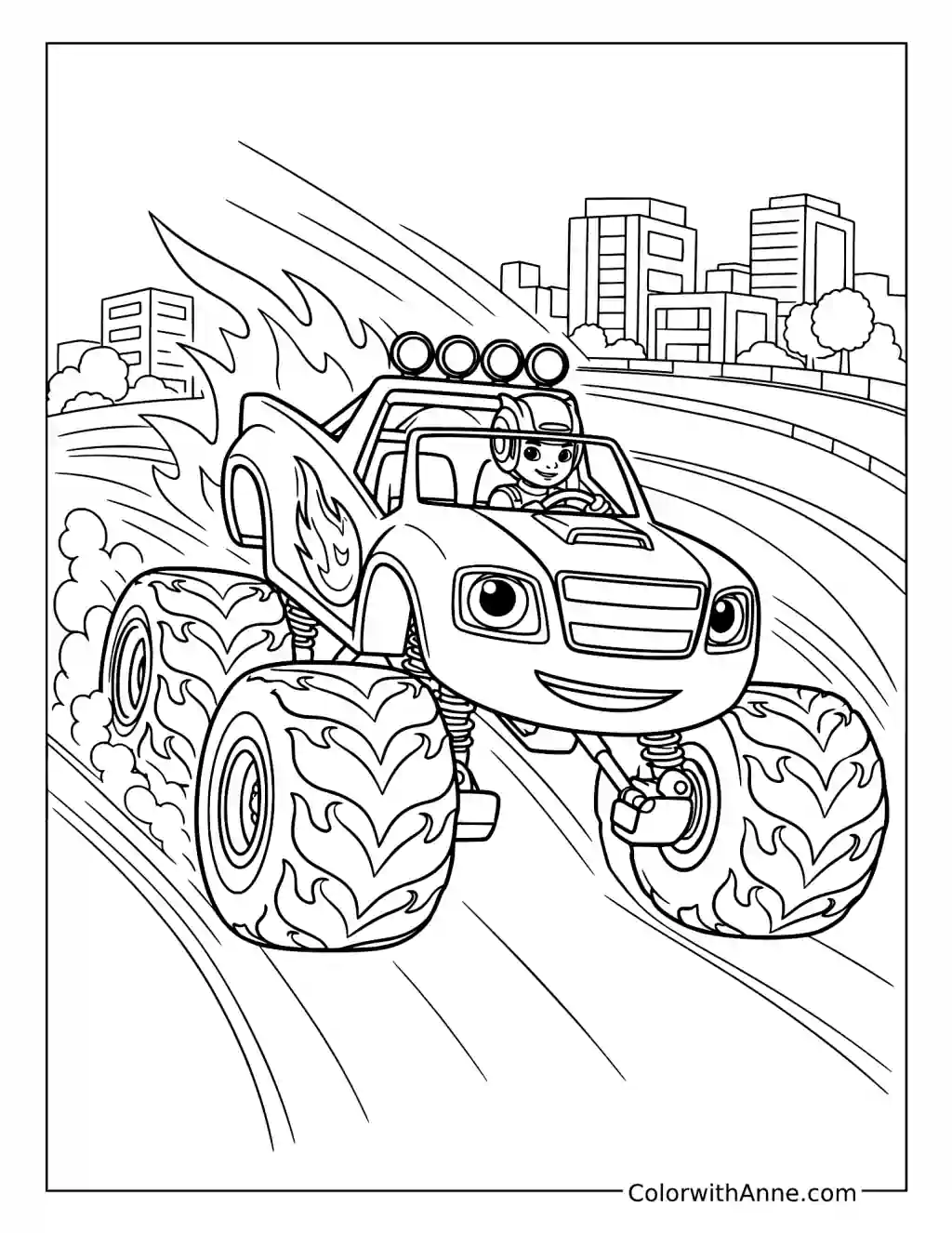 Blaze Speeding Around the City Track coloring page