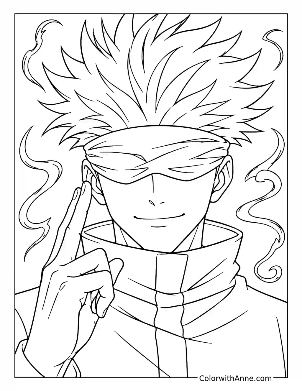 Blindfolded Satoru Gojo Making a Hand Sign in Close-Up coloring page