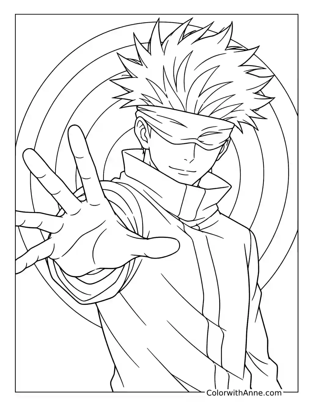 Blindfolded Satoru Gojo Reaching Forward against Concentric Circles coloring page