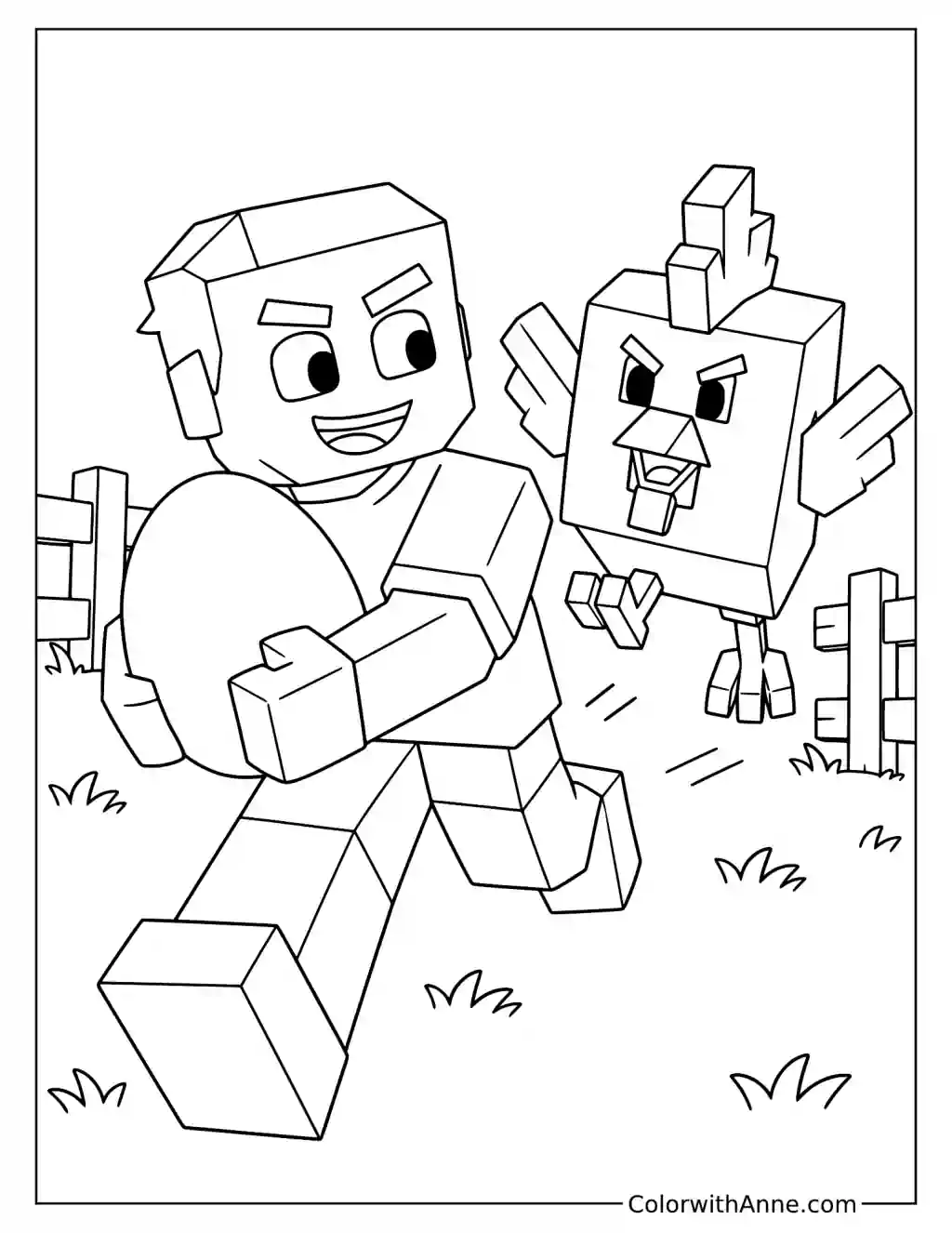 A smiling blocky player runs with an egg while a large cubic chicken chases across grass.