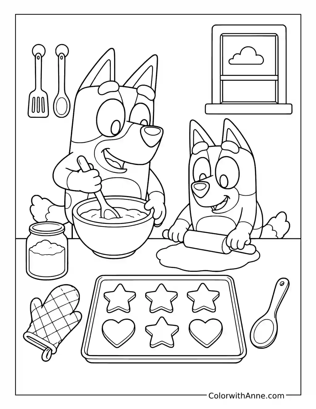 Bluey and Bingo Baking Star and Heart Cookies coloring page