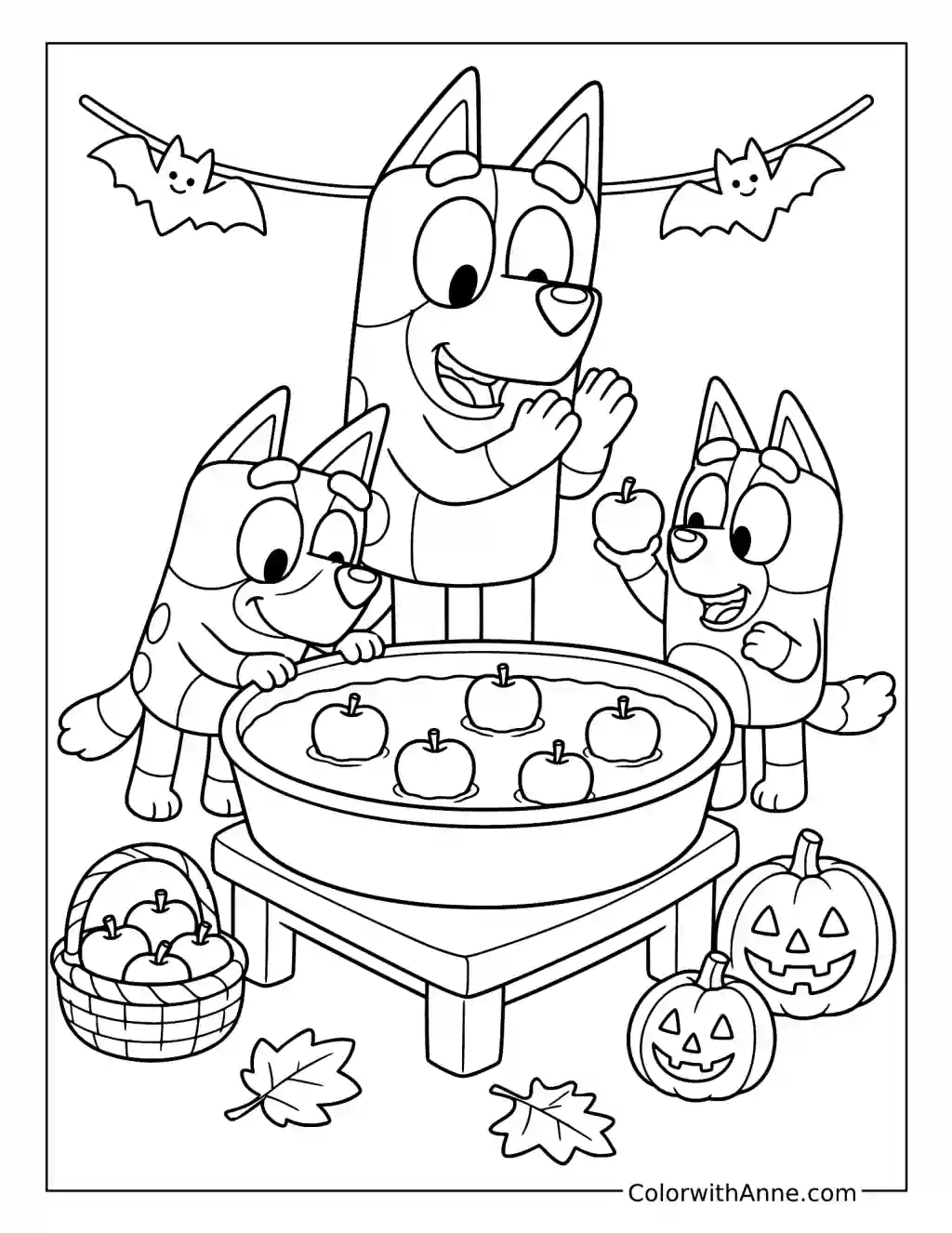 Bluey and Bingo Bobbing for Apples with Chilli coloring page