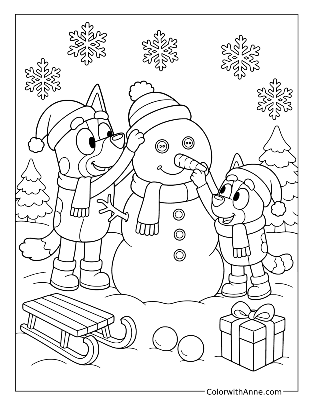 Bluey and Bingo Building a Christmas Snowman coloring page
