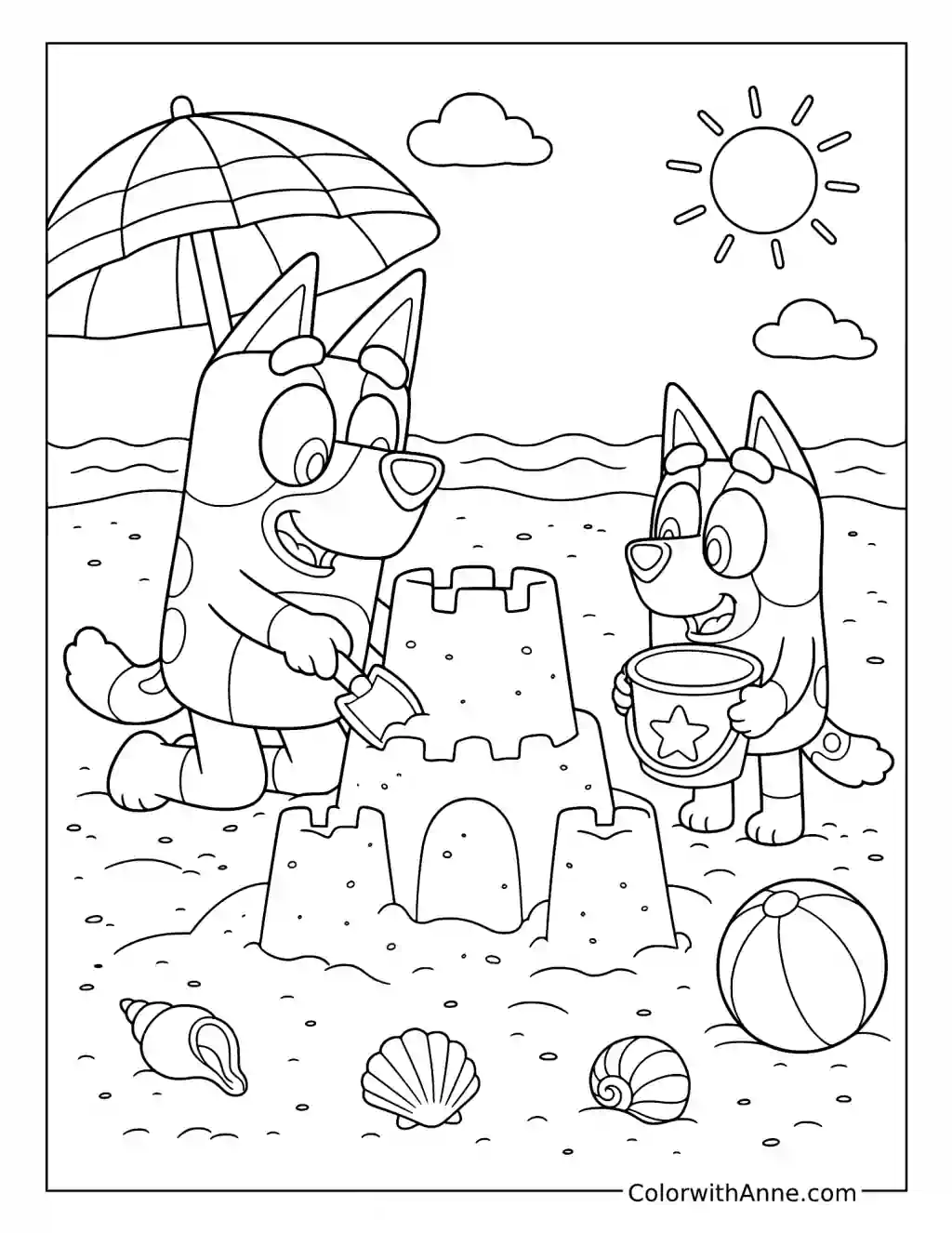 Bluey and Bingo Building a Sandcastle coloring page
