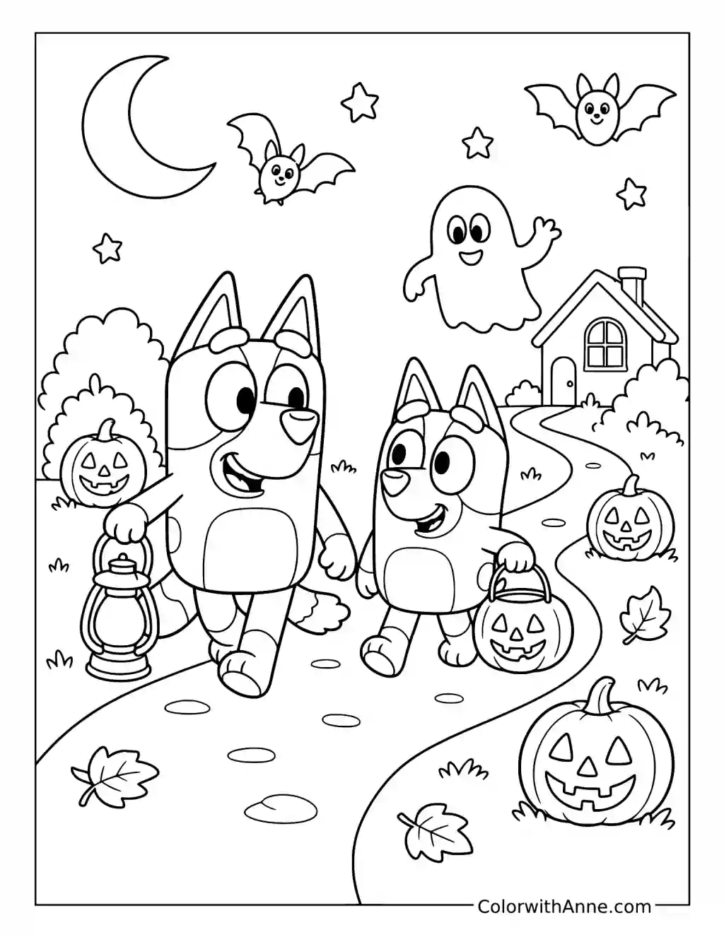 Bluey and Bingo Carrying a Lantern on Halloween Night coloring page