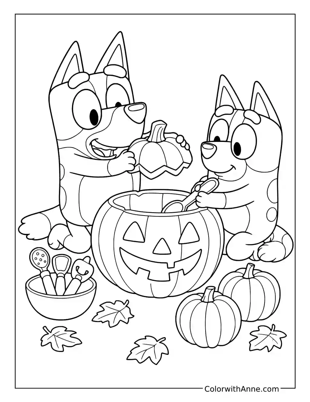 Bluey and Bingo Carving a Jack-o'-Lantern coloring page