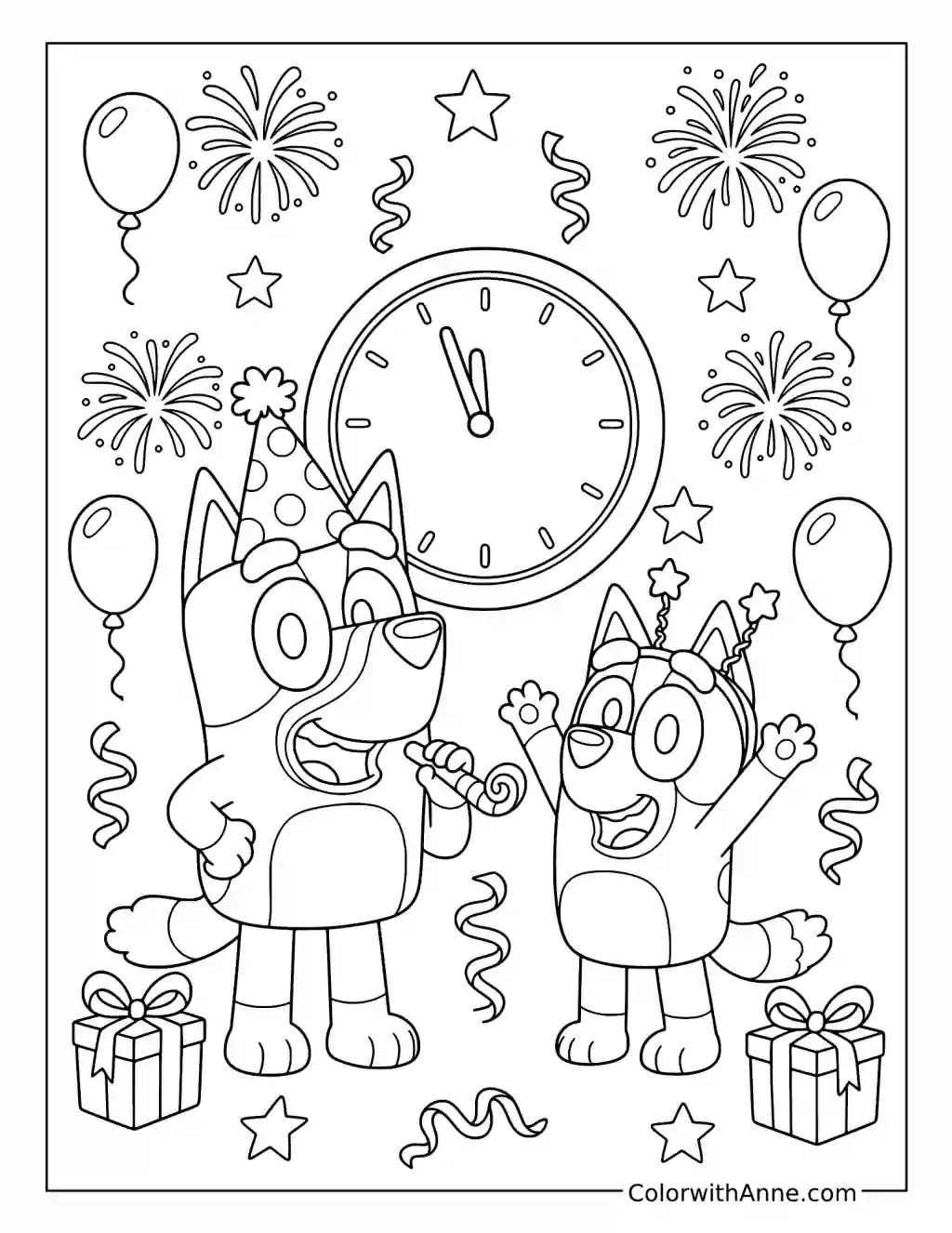 Bluey and Bingo Celebrating New Year's Eve coloring page