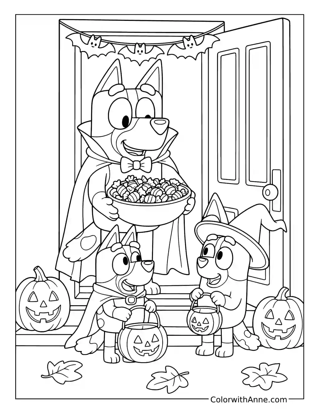 Bluey and Bingo Collecting Candy from a Vampire at the Door coloring page