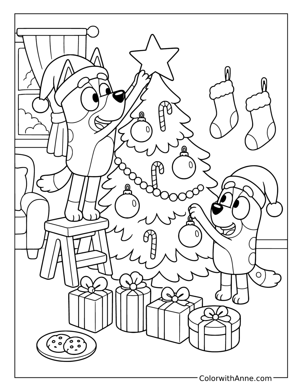 Bluey and Bingo Decorating a Christmas Tree coloring page