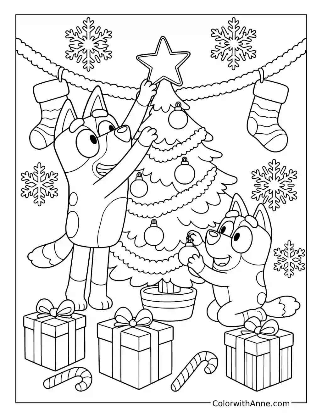 Bluey and Bingo Decorating a Christmas Tree with Snowflake Decorations coloring page