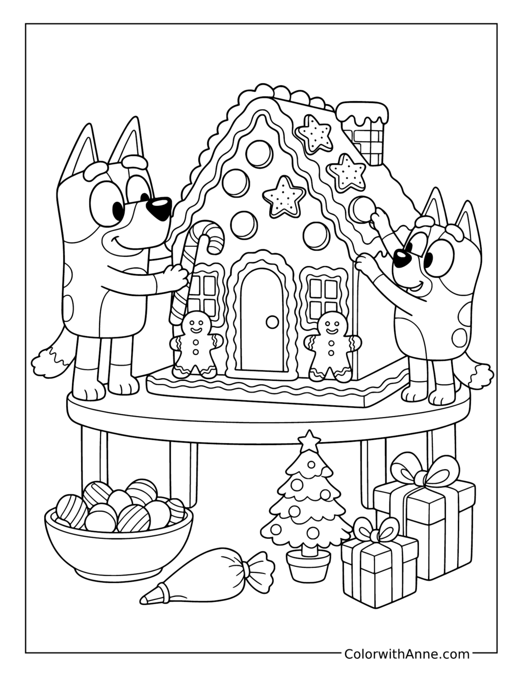 Bluey and Bingo Decorating a Gingerbread House coloring page
