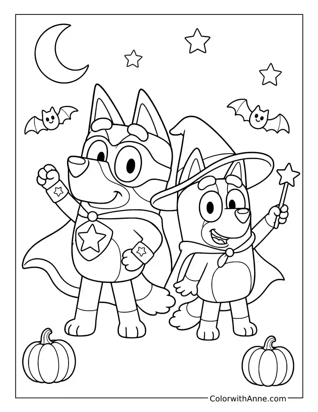Bluey and Bingo Dressed as a Superhero and Witch coloring page