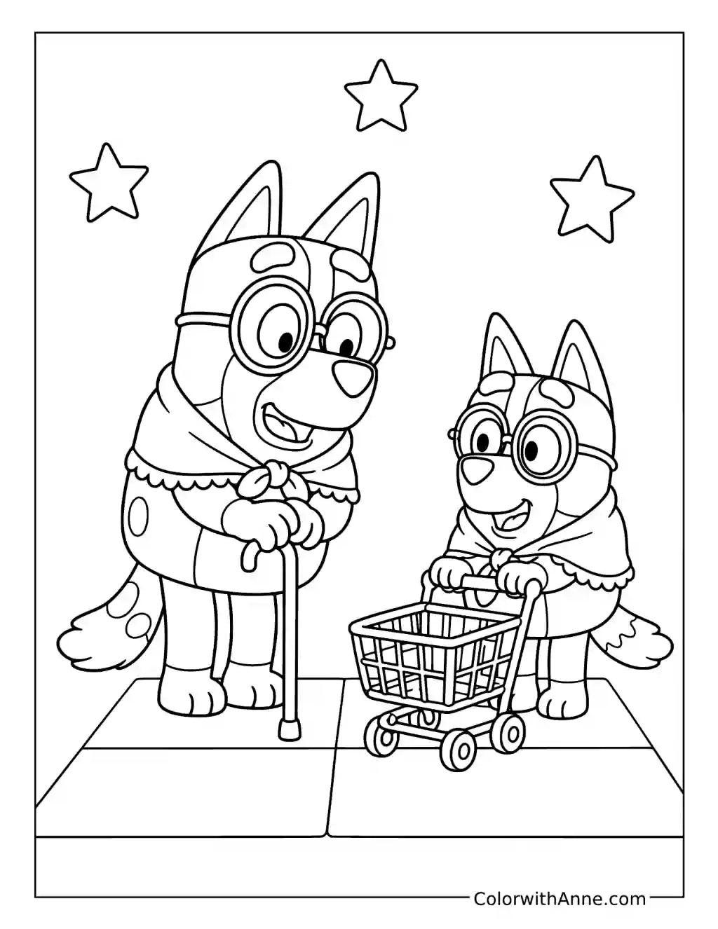 Bluey and Bingo Dressed as Grannies coloring page
