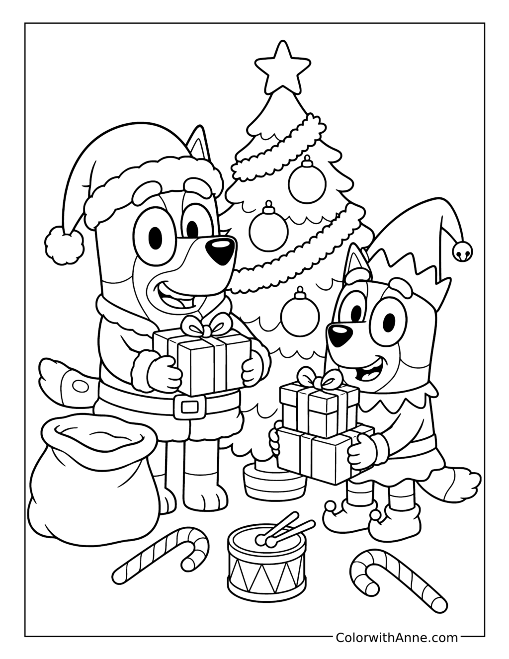 Bluey and Bingo Dressed as Santa and an Elf coloring page
