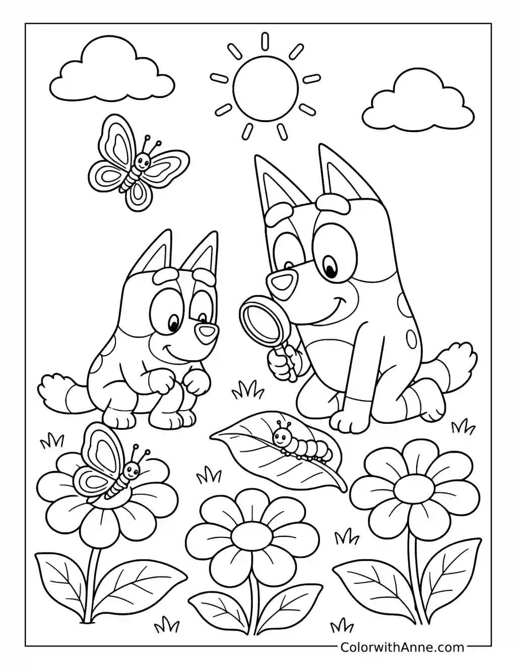 Bluey and Bingo Examining a Caterpillar coloring page