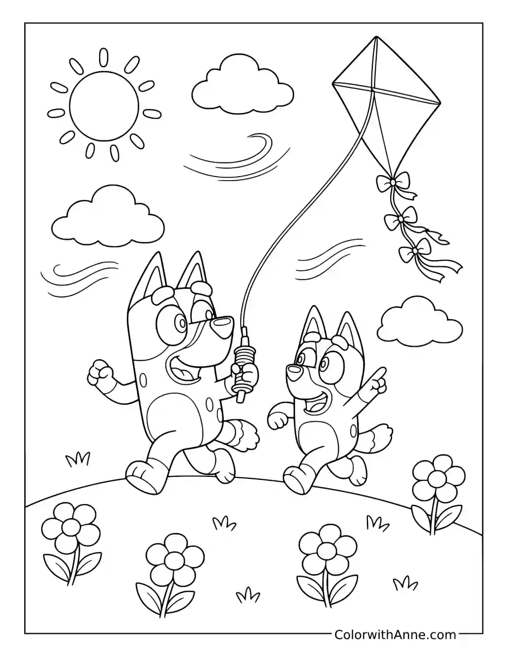 Bluey and Bingo Flying a Kite coloring page