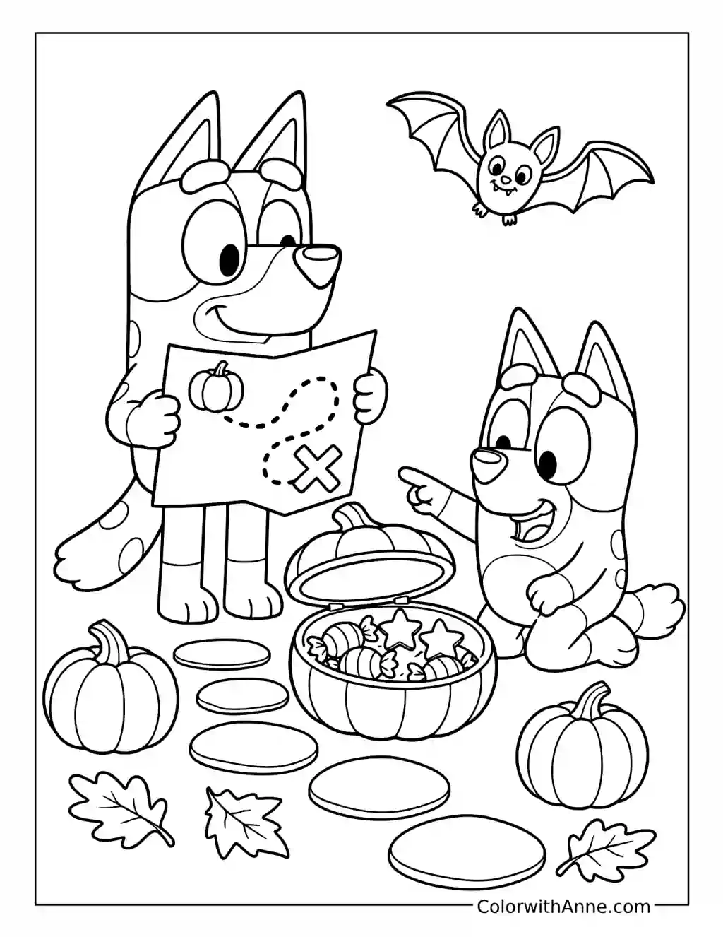 Bluey and Bingo Following a Halloween Treasure Map coloring page
