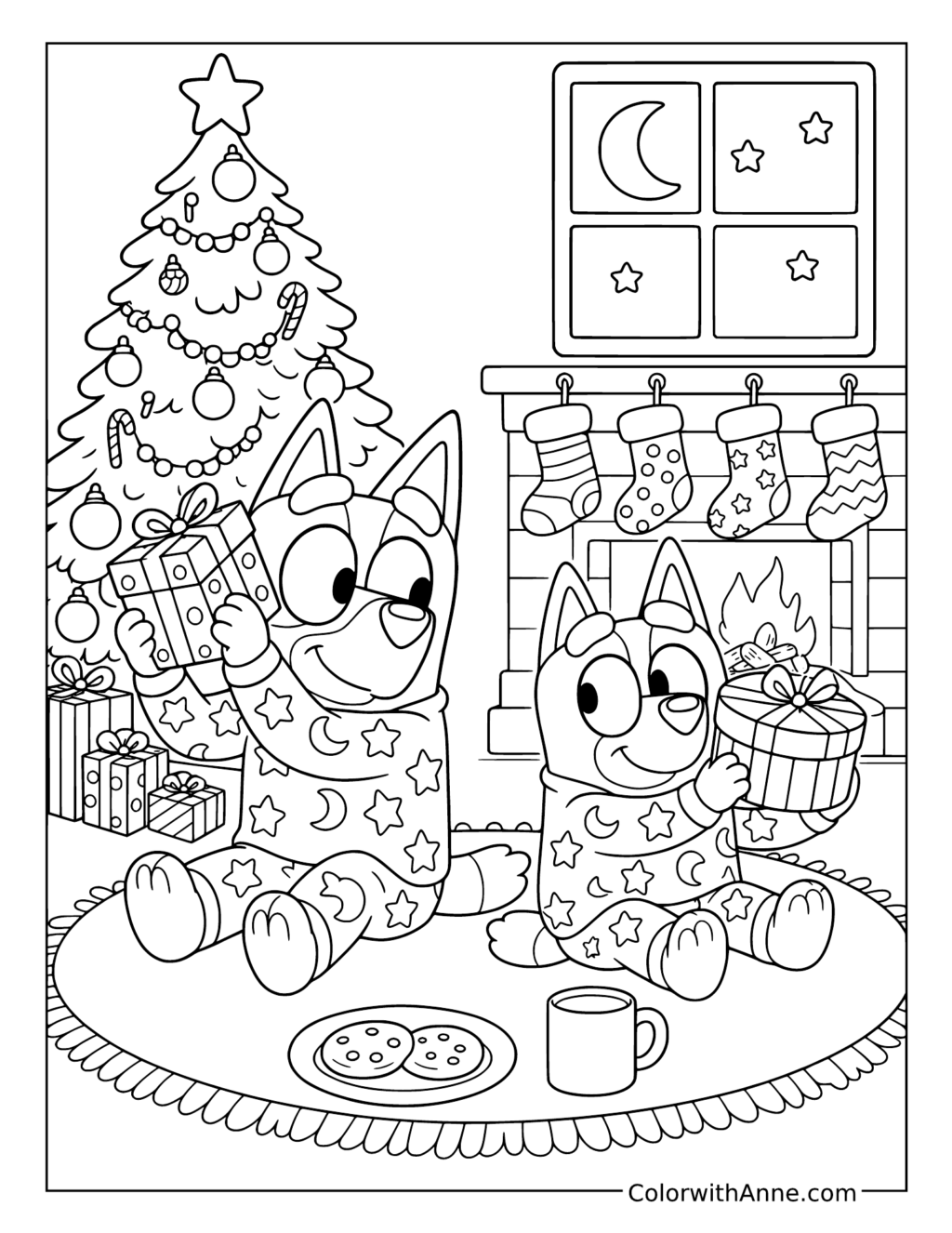 Bluey and Bingo Holding Presents in Matching Pajamas coloring page