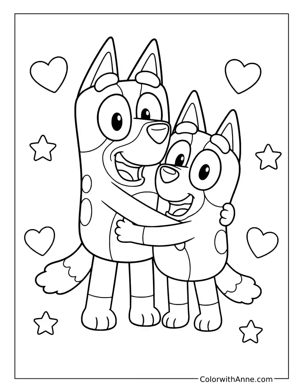 Bluey and Bingo Hugging among Hearts and Stars coloring page