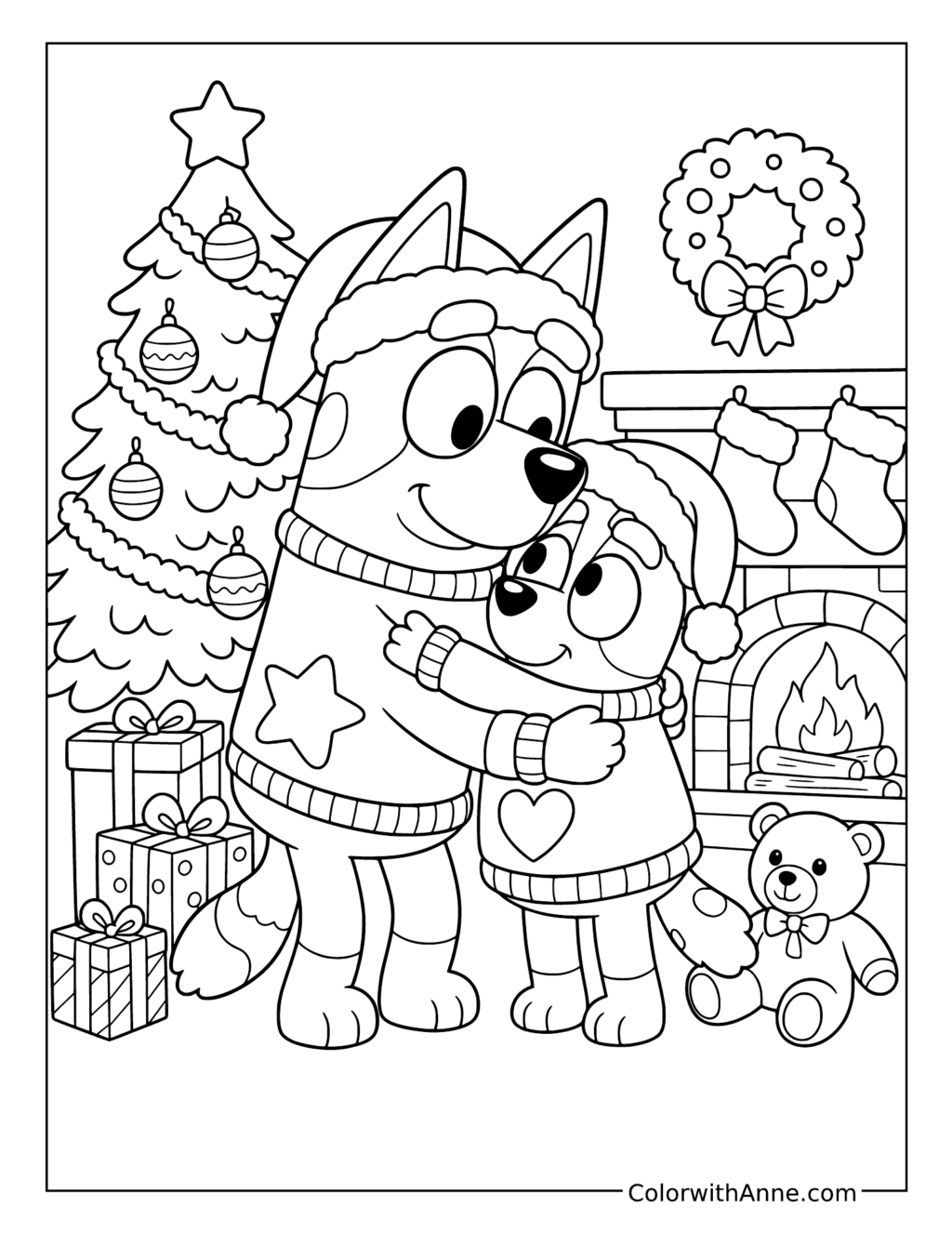 Bluey and Bingo Hugging Beside the Christmas Fireplace coloring page