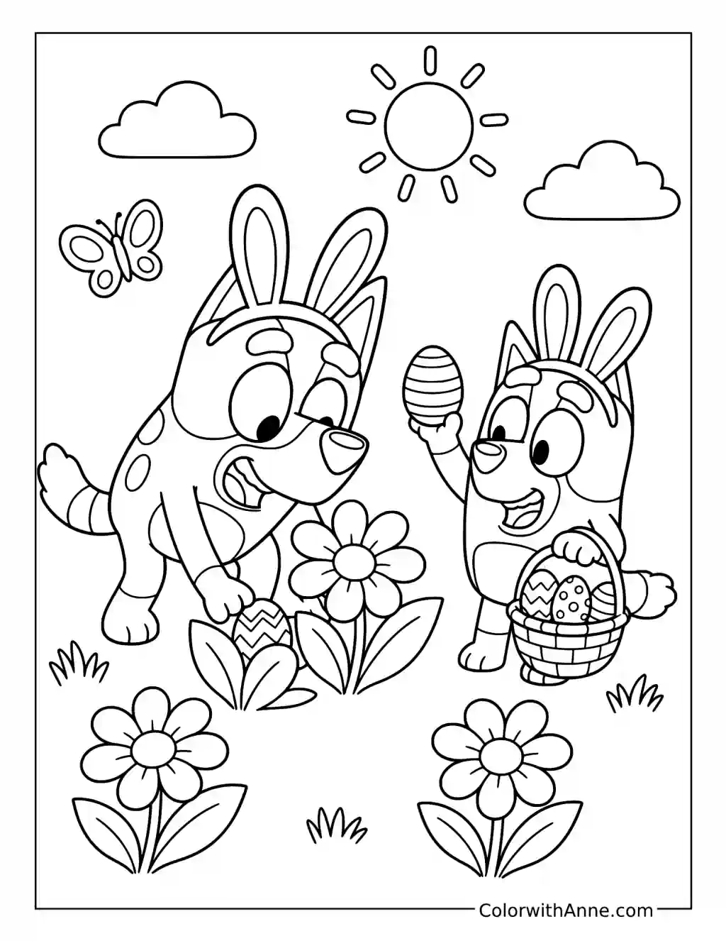 Bluey and Bingo Hunting Easter Eggs coloring page